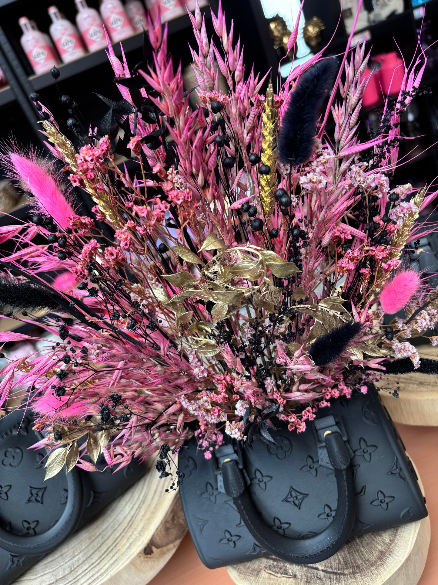 Bag vase & Pink black flowers