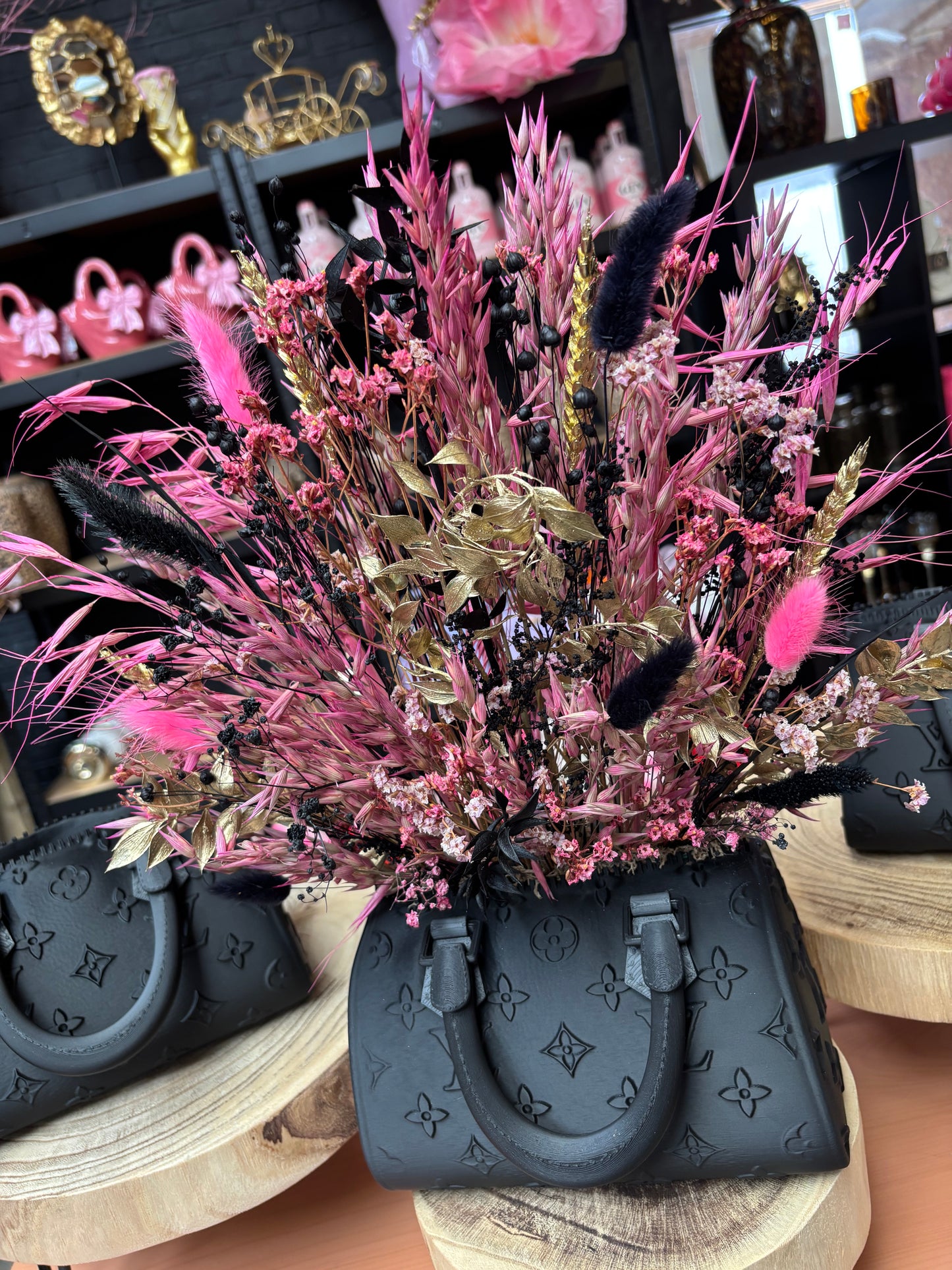 Bag vase & Pink black flowers