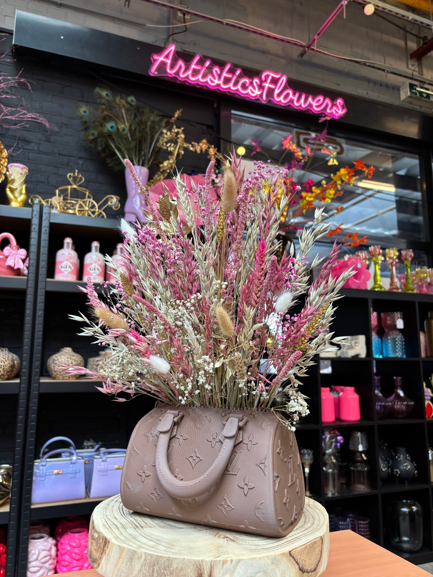 Bag vase brown & Pink White flowers