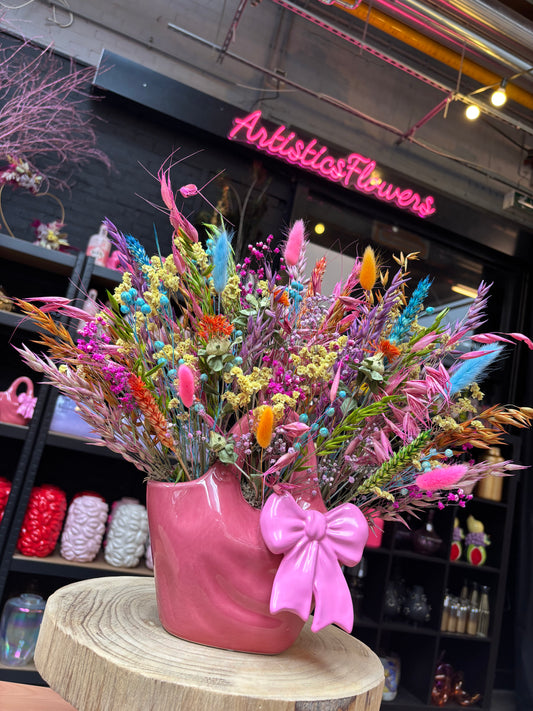 Hand bag vase pink bow & flowers
