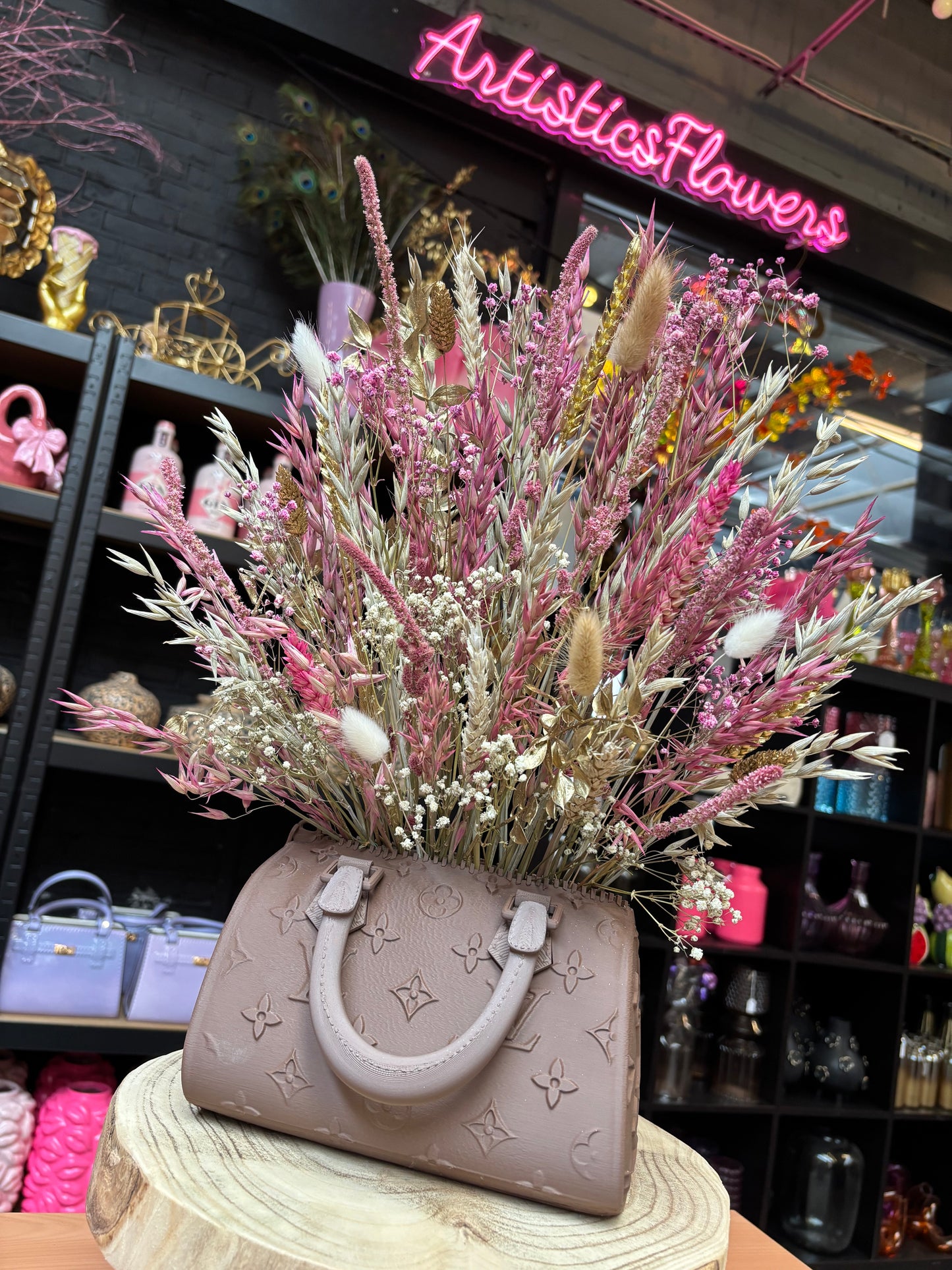 Bag vase brown & Pink White flowers