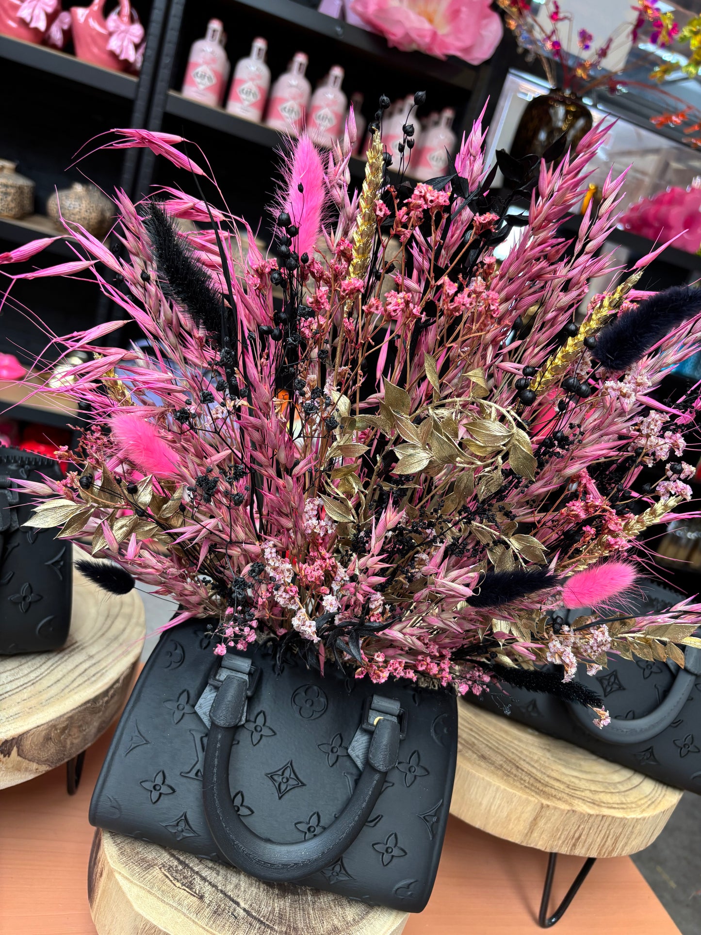 Bag vase & Pink black flowers