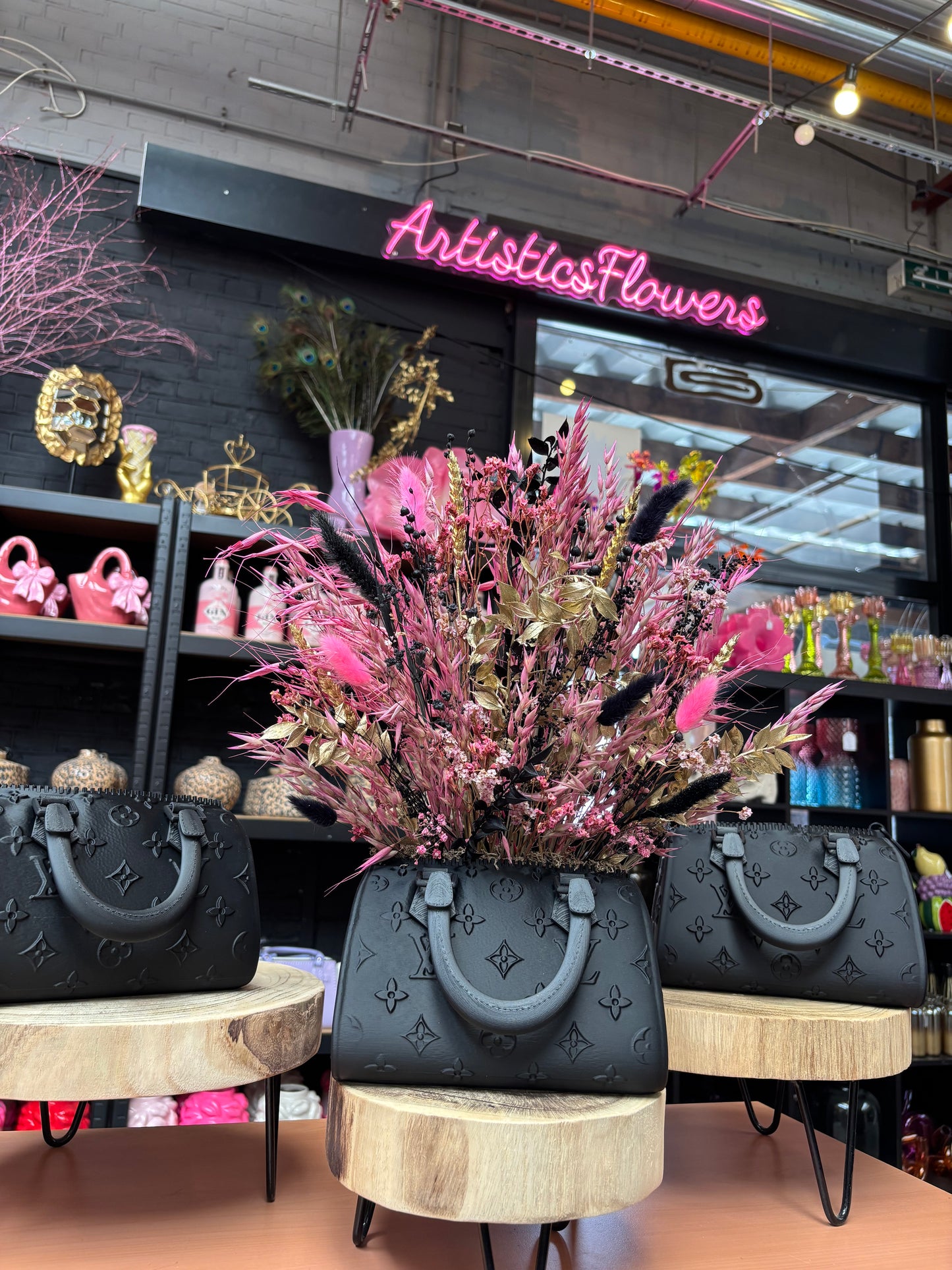Bag vase & Pink black flowers