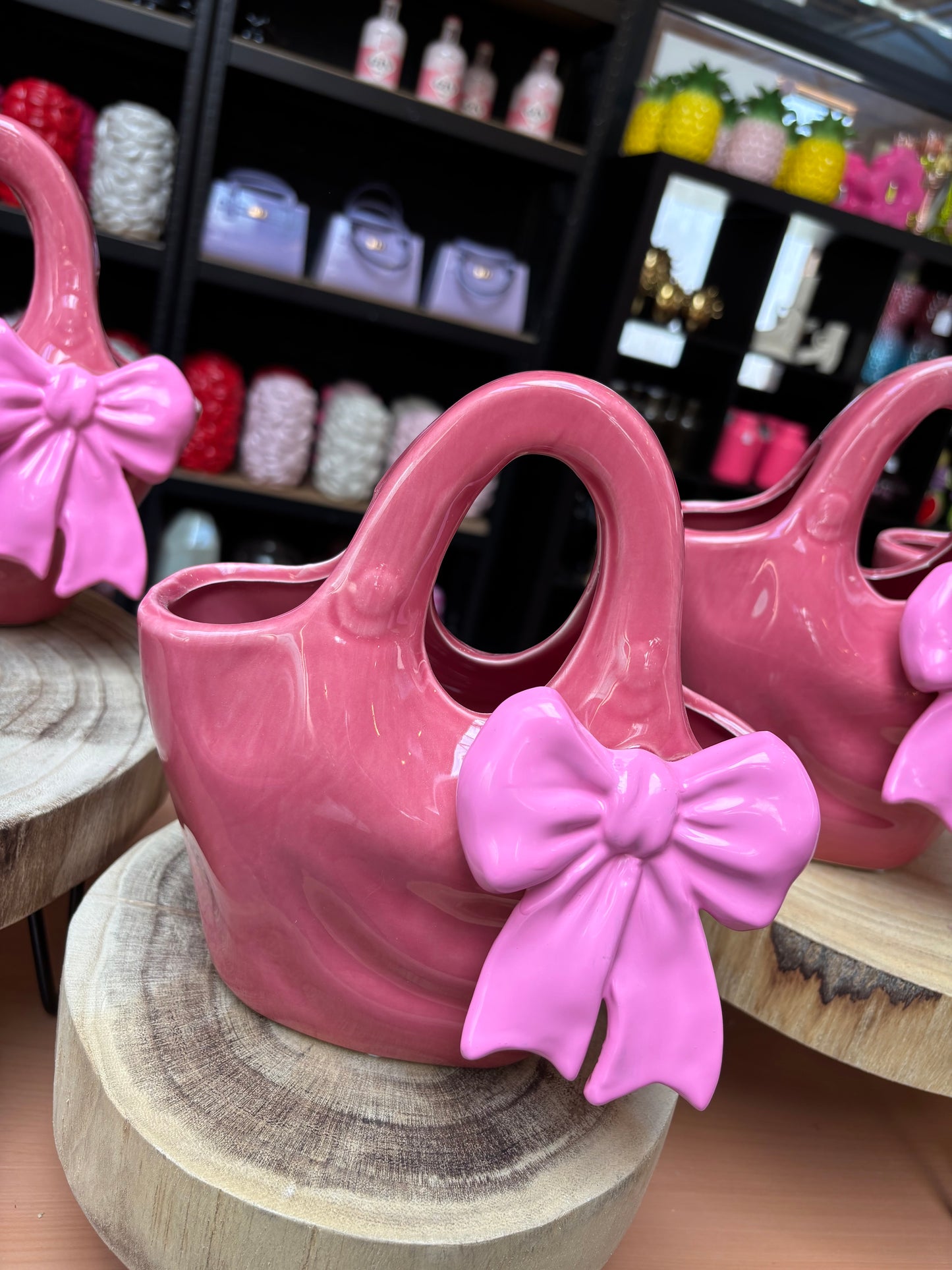 Handbag vase pink bow