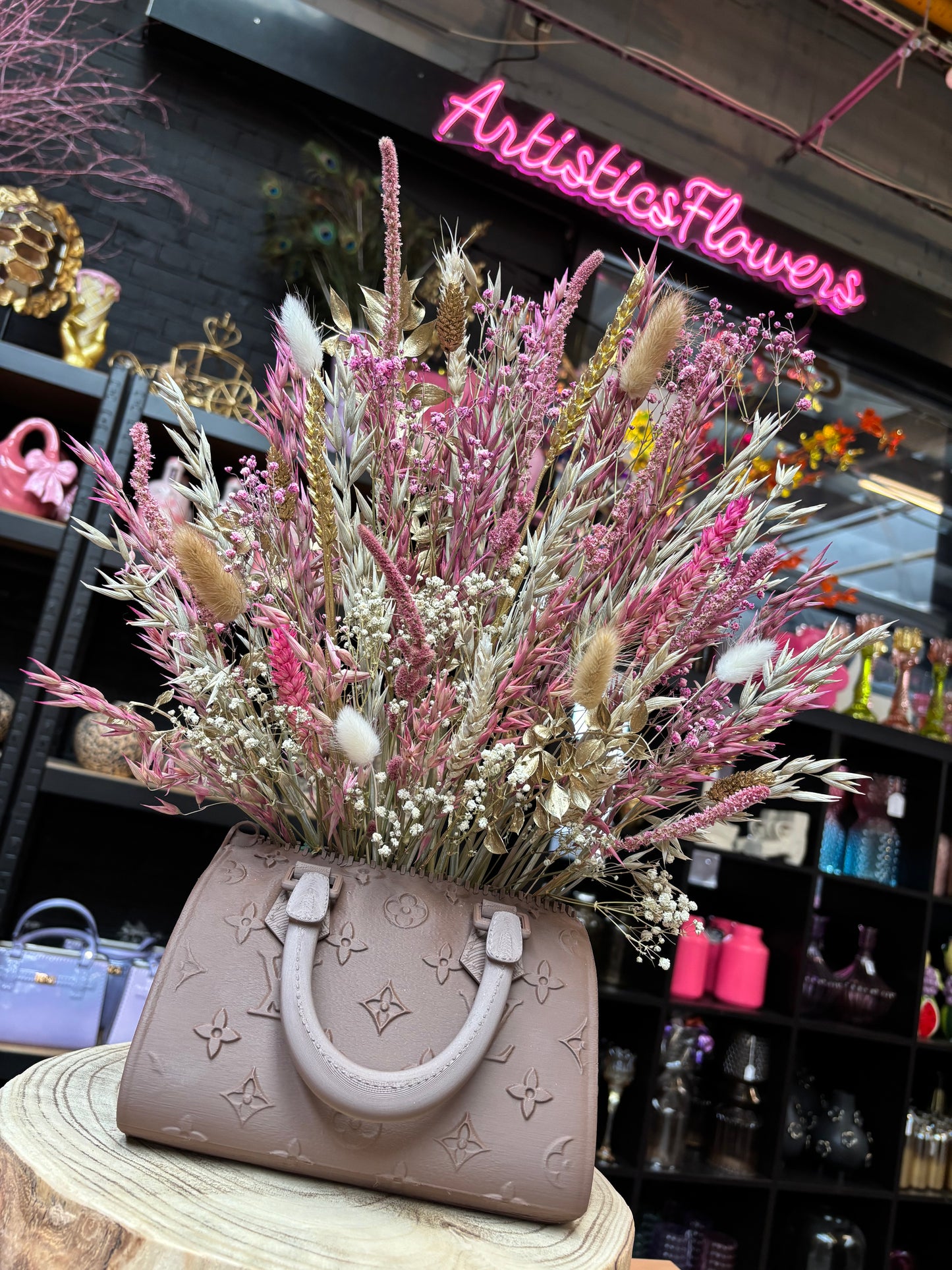 Bag vase brown & Pink White flowers